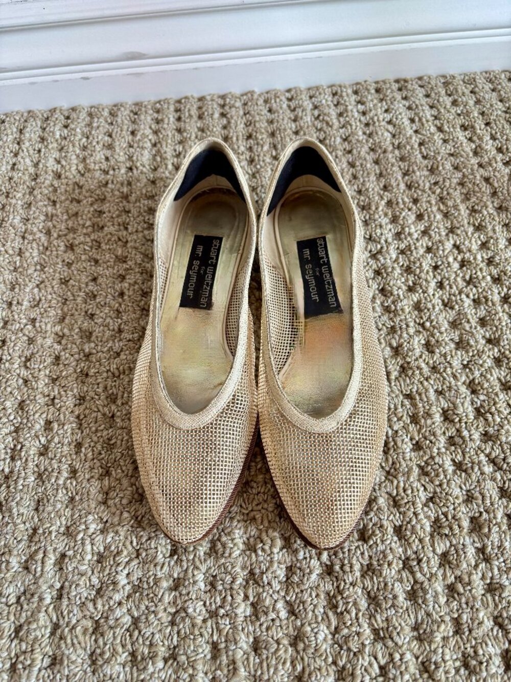 Stuart Weitzman Cream Flats with Pointed Toe and Shimmery Finish